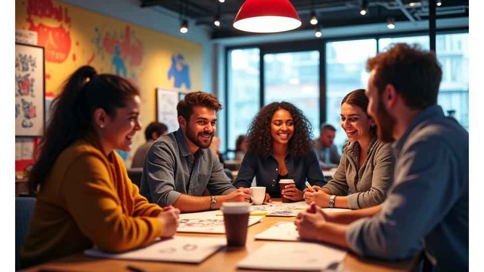 Diverse team laughing and collaborating in a modern, creatively decorated office space within Pixel Hearth Studios.