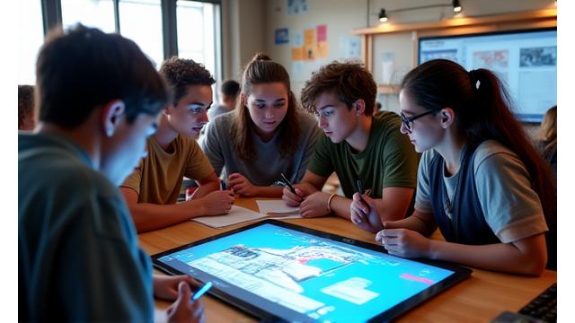 Students collaborating in a creative workshop setting, guided by a Pixel Hearth Studios artist.