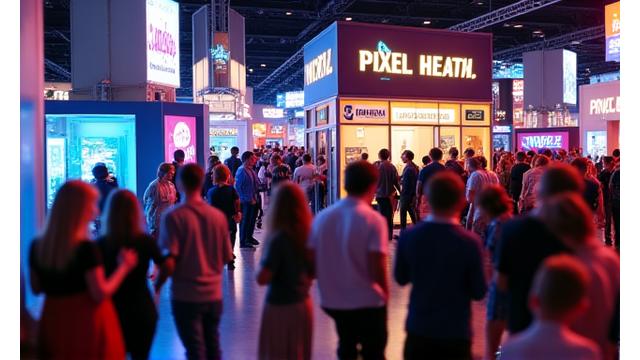 A vibrant convention floor with people dressed in cosplay, banner for Pixel Hearth Studios booth in the background.