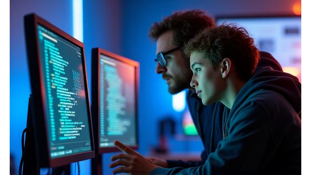 A Pixel Hearth Studios developer mentoring a young aspiring game developer in front of a computer screen with code and game assets.