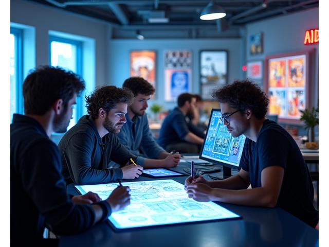Diverse team of creative professionals collaborating in a modern studio, showcasing various stages of comic art and game development.