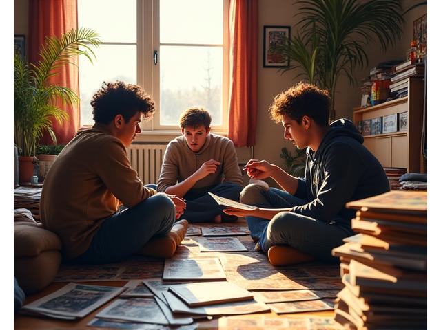 Early founders of Pixel Hearth Studios brainstorming in a cozy St. Paul apartment, surrounded by comic books and game prototypes.