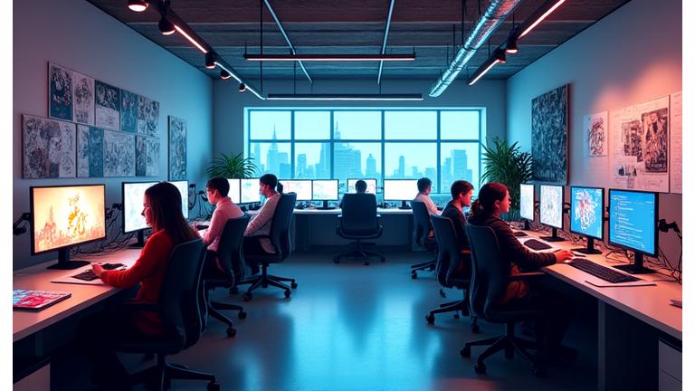 Modern open-plan studio space with artists at drawing tablets and developers at multiple monitors.