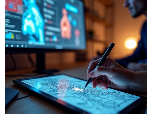 Close-up of an artist's hand sketching a comic character on a tablet, with blurred AR elements in the background, representing creative collaboration.