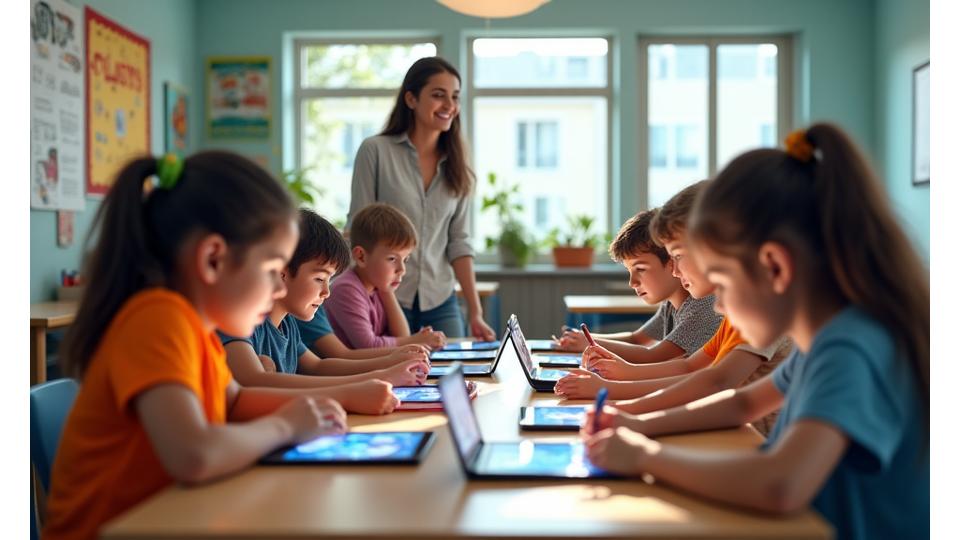 A classroom scene where students, diverse ethnically and by gender, are engaged with comic books that show glowing AR effects from their tablets, with a teacher assisting.