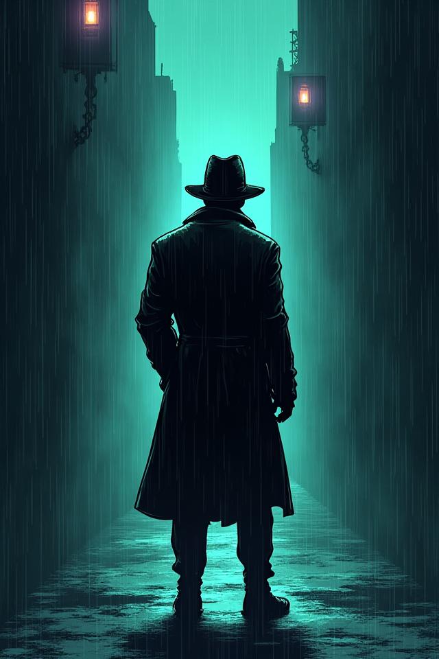 Cover art for 'Spectral Detective', showcasing a trench-coat wearing detective in a shadowy, misty alley with ghostly figures in the background, subtly glowing.