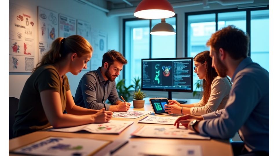 A team of diverse designers and developers collaborating around a table, one holding a physical comic, another looking at a tablet displaying AR elements, showcasing the creative process.