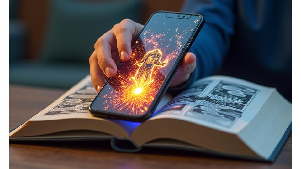Augmented reality comic panel displaying animated character and 3D environment popping out of a comic book page, viewed through a smartphone.