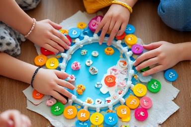Colorful, friendly board game pieces and smiling children playing together.