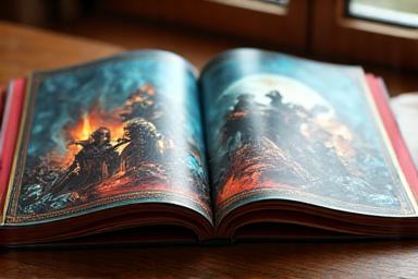 Open fantasy graphic novel-style board game book with vibrant art.
