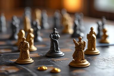 Miniature knights and castles on a strategy game board.