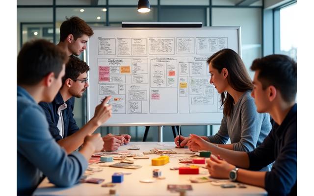 Designers collaborating around a whiteboard with game design sketches and components.