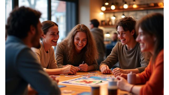 Group of friends playing board games at a well-lit table with Pixel Hearth branding.