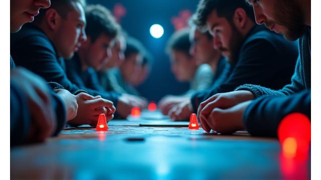 Players intensely focused during a board game tournament with trophies in the background.