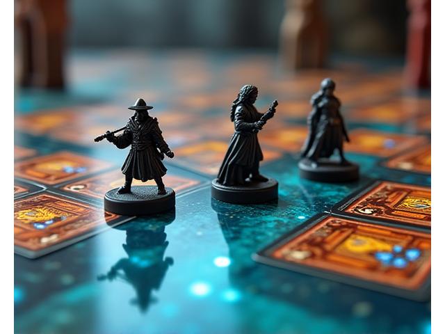 Elysian Chronicles board game character miniatures and adventure cards.