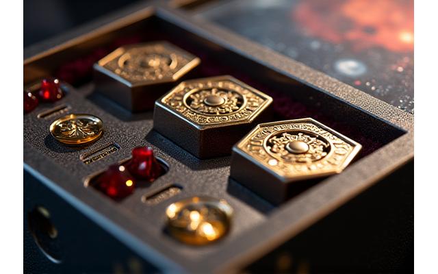 Nova Legacy Collector's Edition components including metal coins, custom dice, and signed art prints.