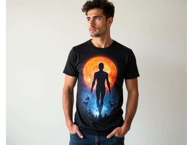 Model wearing an Aetherbound comic art t-shirt
