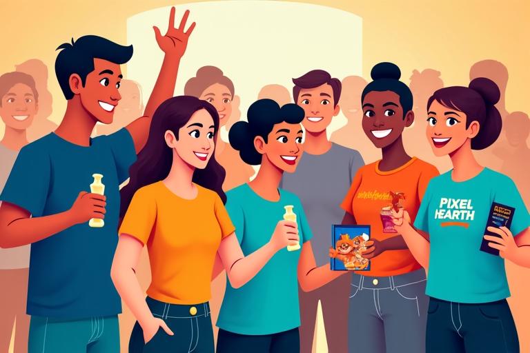 A group of diverse collectors excitedly displaying their Pixel Hearth merchandise