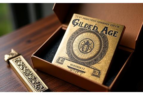August 2023 subscription box contents featuring 'The Gilded Age' comic, a vintage-style coin, and a collector's bookmark.