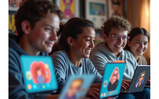 A diverse group of comic readers engaging in a lively online discussion on a forum, surrounded by comic books and collectibles.