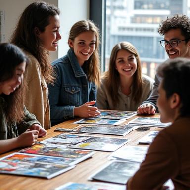 A diverse team of passionate comic curators discussing new titles in a vibrant studio setting.