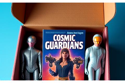 October 2023 subscription box contents featuring 'Cosmic Guardians' comic, a retro space adventurer action figure, and a holographic sticker.