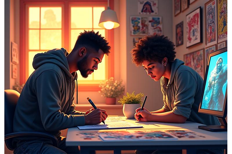Two comic artists collaborating, with sketches and digital art on screens