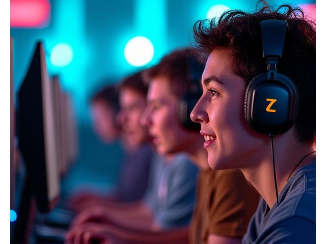 Energetic photo of gamers competing in an e-sports tournament with glowing screens and focused expressions