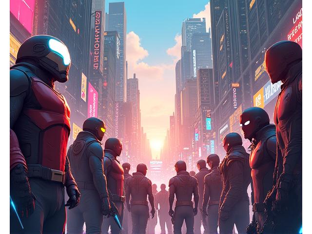 Dynamic illustration of diverse comic book heroes and indie game characters converging in a futuristic city, with AR elements glowing
