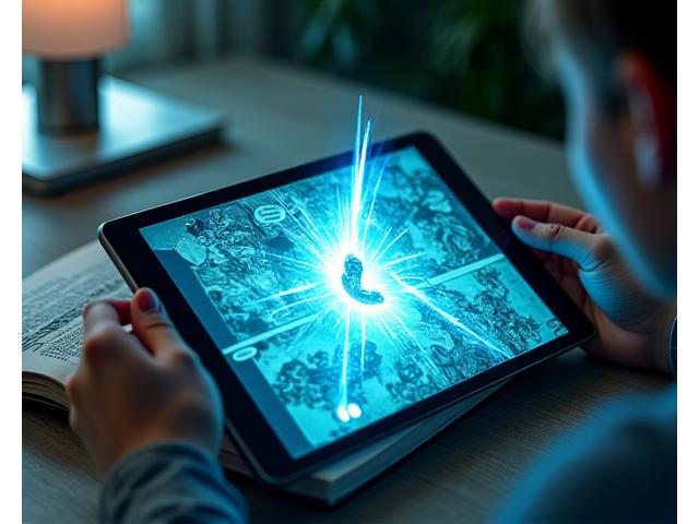 A person holding a tablet over a physical comic book, showing augmented reality effects appearing on the screen