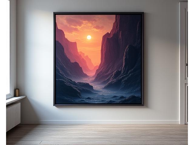 Framed limited-edition art print displaying a detailed fantasy landscape with vibrant colors, hanging on a gallery wall