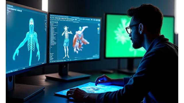 3D artist working on character model with animation software