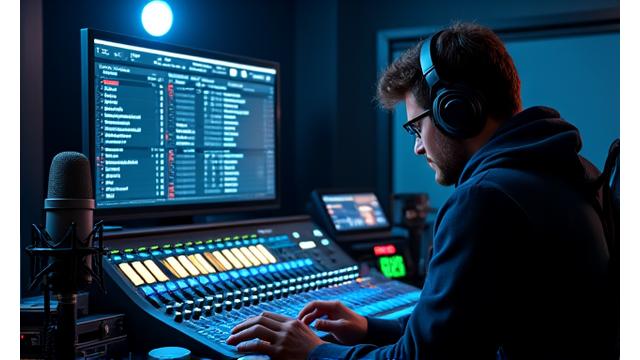 Sound engineer mixing game audio with professional equipment