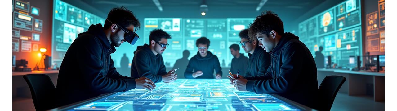 Futuristic game development studio with holographic displays and diverse developers collaborating