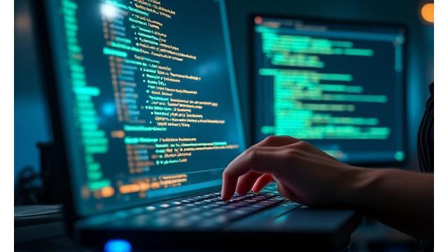 Code snippets on multiple monitors demonstrating game engine development