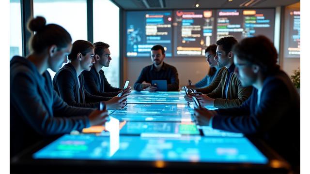 Marketing team strategizing game launch with charts and social media logos