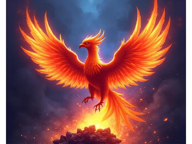 Limited edition art print of a fiery phoenix creature rising from ashes, a dynamic illustration by Pixel Hearth Studios.