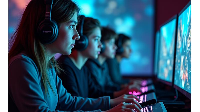 A group of enthusiastic gamers deeply immersed in playing a new, unreleased game in a beta testing environment, vibrant UI elements and an 'EARLY ACCESS' badge visible.