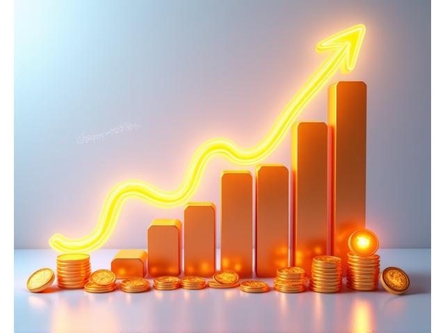A graph showing upward financial growth and coins, symbolizing a fair revenue sharing model for developers.