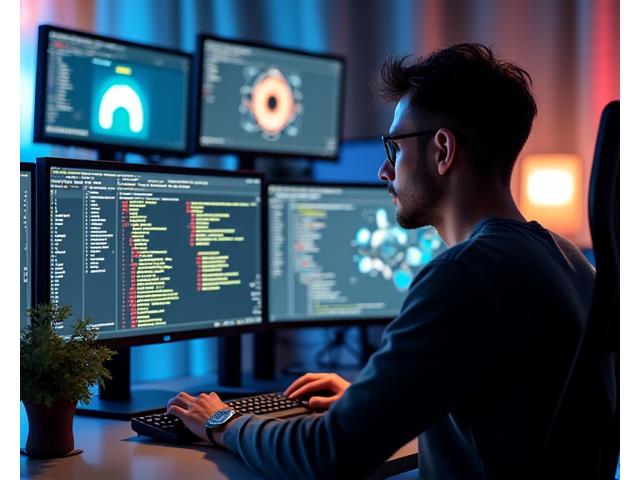 A developer working at a computer with code and game assets on screen, representing comprehensive publishing support.