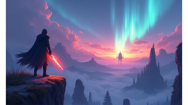 Screenshot from 'Aurora Chronicles' showing a vibrant, fantastical world with a brave protagonist facing a magical creature.
