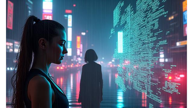 Screenshot from 'Cyber Syntax' featuring a neon-drenched cityscape with hacking puzzles and stealth elements.