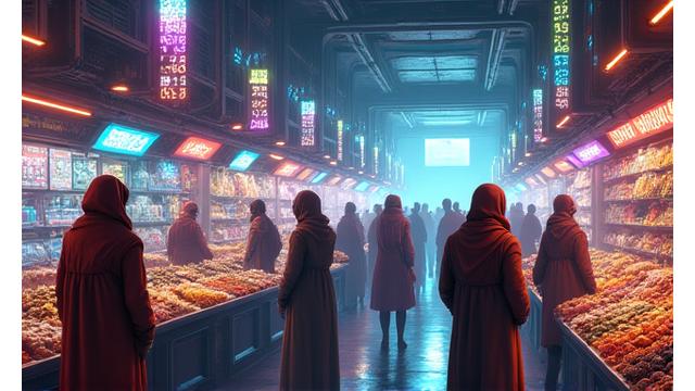 Screenshot from 'Galactic Merchant' displaying a bustling space market with various alien traders and commodities.