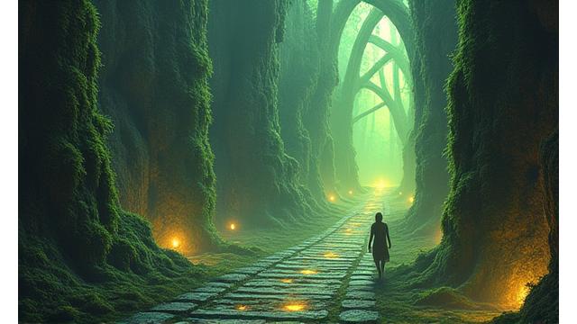 Screenshot from 'Mystic Maze' showing a character exploring an ancient, glowing labyrinth filled with magical elements.