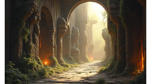 Screenshot from 'Riddle of Theron' showing a meticulously designed ancient ruin with complex contraptions to solve.