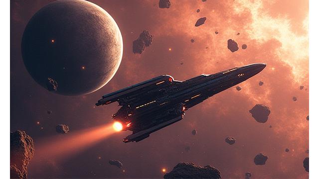 Screenshot from 'Starfarer Odyssey' depicting a spaceship navigating through an asteroid field near a gas giant.