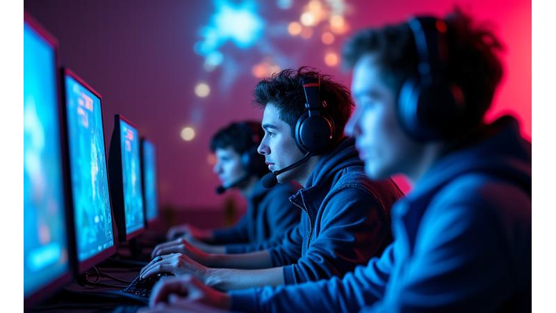 A vibrant esports arena scene with players collaborating and competing, showcasing dynamic multiplayer gameplay with global connectivity.