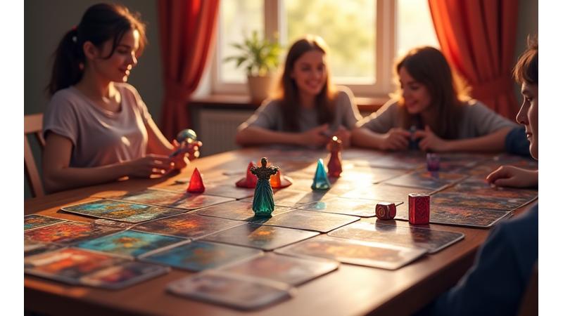 A beautifully rendered digital tabletop environment showing friends playing a digital board game remotely, with game pieces, cards, and dice visible in a futuristic, warm setting.
