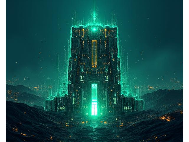 Stylized illustration of a glowing digital fortress surrounded by layers of protective barriers, with intricate circuitry patterns, representing robust data security measures at Pixel Hearth Studios.