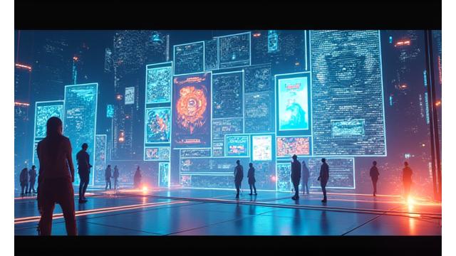 Glowing digital interface showcasing interactive comic panels and gaming elements, surrounded by a subtle, futuristic light glow, representing digital services.